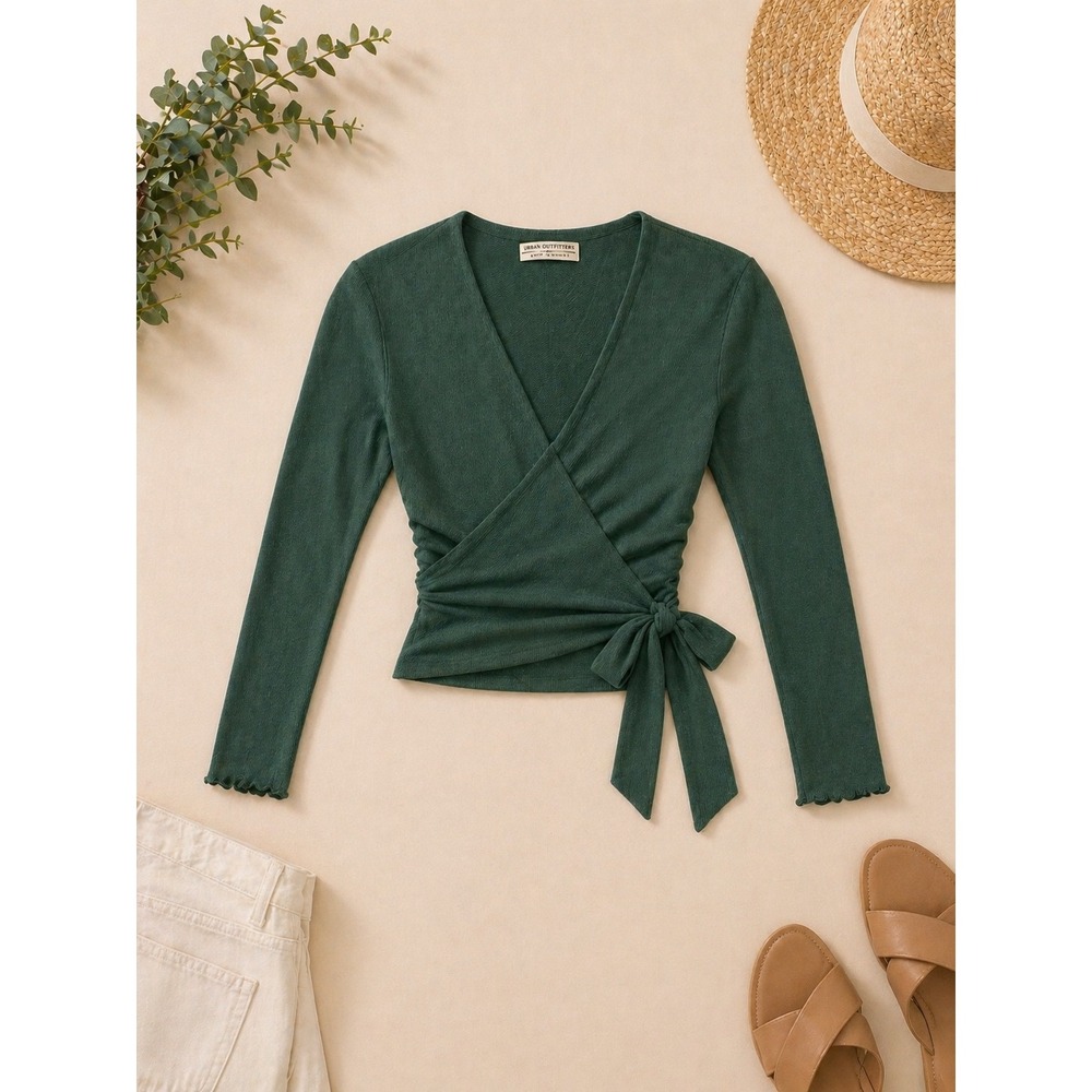 Urban Outfitters Green Ribbed Knit Long Sleeve Wrap Top Side Tie Small S-P
